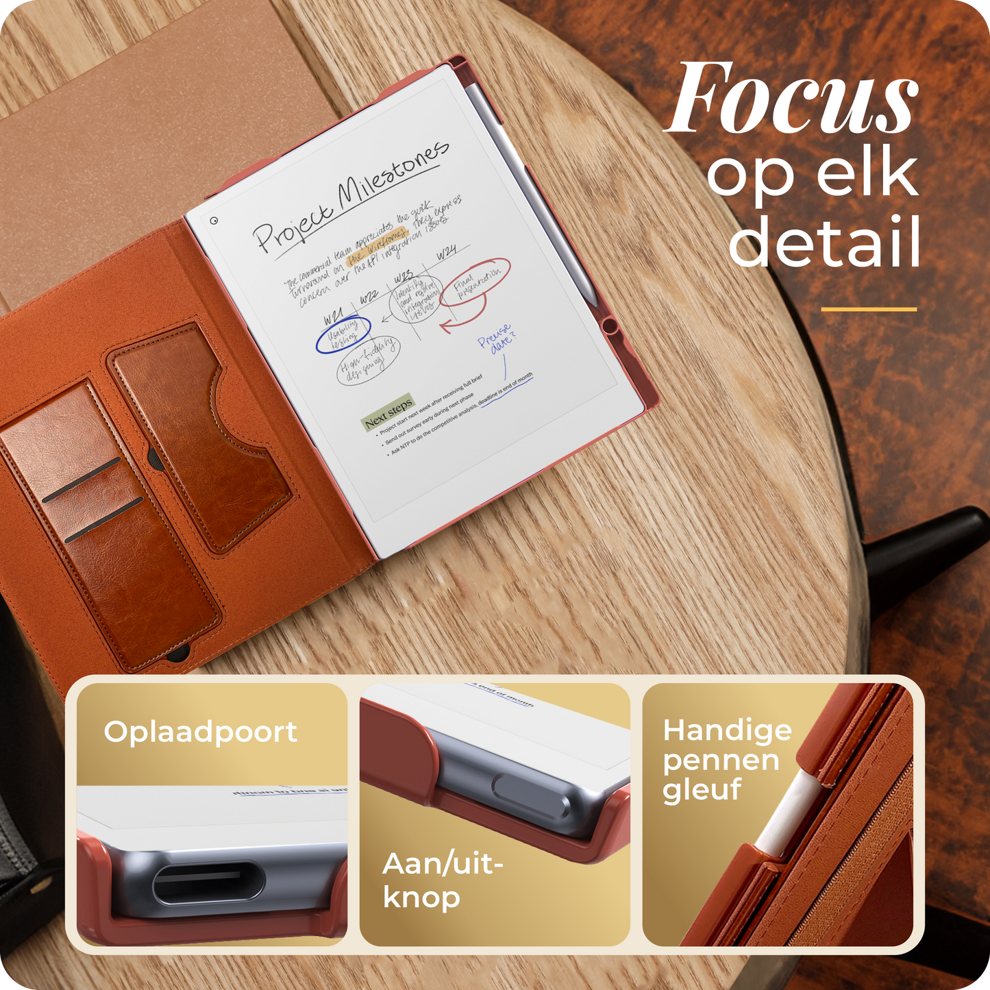 Raykon Luxe Stiksel Hoes Geschikt voor reMarkable Paper Pro - Tablet Cover - Folio - Case - Cognac